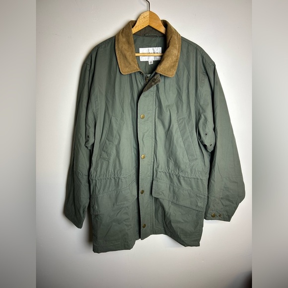 Towne by London Fog Men's Green Jacket Tan Collar Barn Olive green zip Bomber - Picture 1 of 16